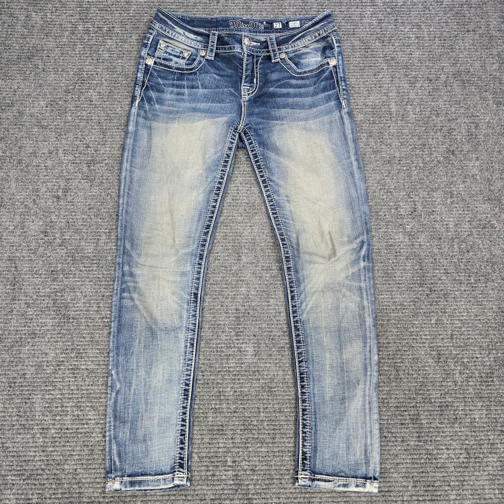 Miss Me Jeans Womens 27 Ankle Skinny Blue Fleur De Lis Rhinestone Y2K